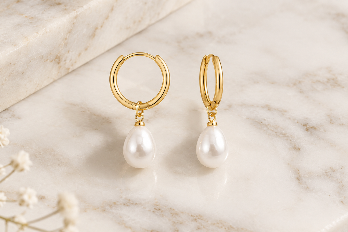 Luna Teardrop Pearl Huggie Earrings - 14k Gold Plated | Hypoallergenic